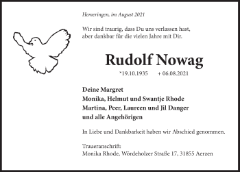 Traueranzeige von Rudolf Nowag von Deister- und Weserzeitung