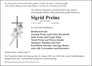 Traueranzeige von Sigrid Preine von Deister- und Weserzeitung