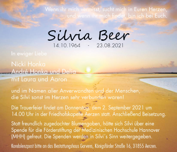 Traueranzeige von Silvia Beer von Deister- und Weserzeitung