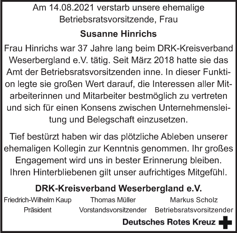  Traueranzeige für Susanne Hinrichs vom 28.08.2021 aus Deister- und Weserzeitung
