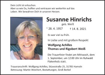 Traueranzeige von Susanne Hinrichs von Deister- und Weserzeitung