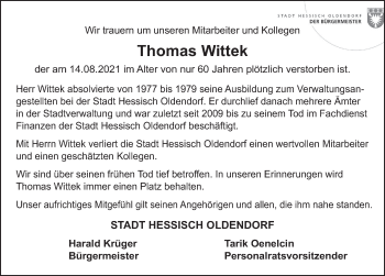 Traueranzeige von Thomas Wittek von Deister- und Weserzeitung