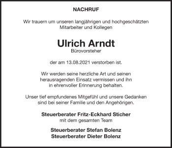 Traueranzeige von Ulrich Arndt von Deister- und Weserzeitung