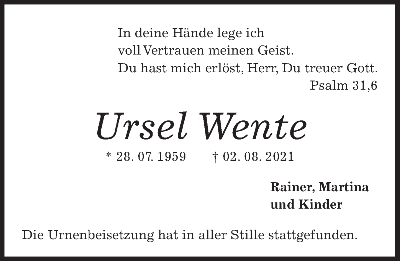  Traueranzeige für Ursel Wente vom 21.08.2021 aus Deister- und Weserzeitung