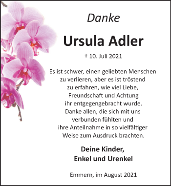 Traueranzeige von Ursula Adler von Deister- und Weserzeitung