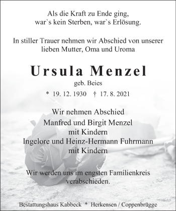 Traueranzeige von Ursula Menzel von Deister- und Weserzeitung