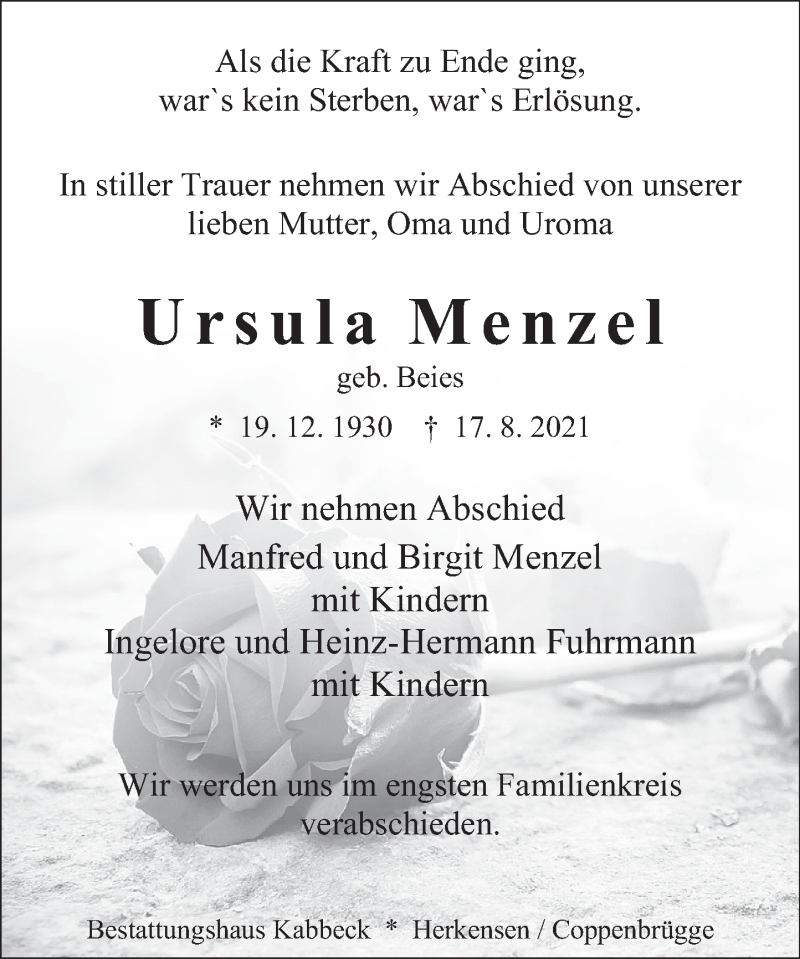  Traueranzeige für Ursula Menzel vom 21.08.2021 aus Deister- und Weserzeitung