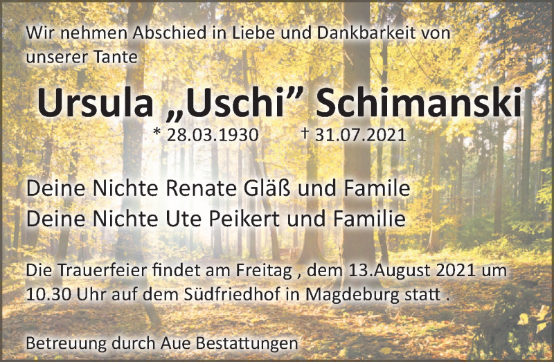  Traueranzeige für Ursula Schimanski vom 07.08.2021 aus Deister- und Weserzeitung