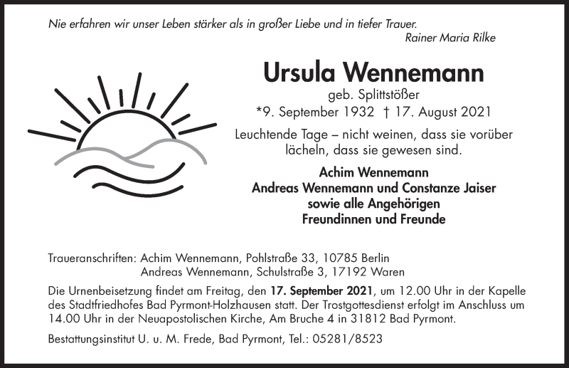  Traueranzeige für Ursula Wennemann vom 21.08.2021 aus Deister- und Weserzeitung