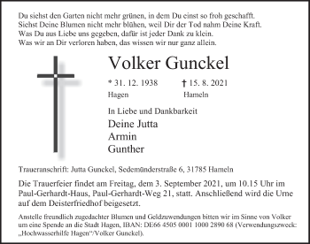 Traueranzeige von Volker Gunckel von Deister- und Weserzeitung