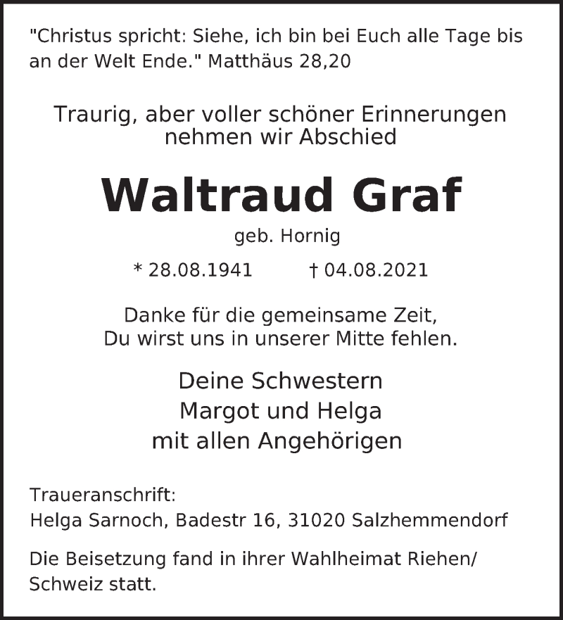  Traueranzeige für Waltraud Graf vom 14.08.2021 aus Deister- und Weserzeitung