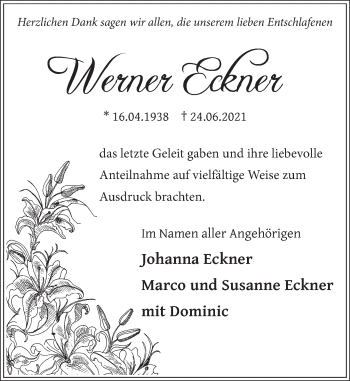 Traueranzeige von Werner Eckner von Neue Deister-Zeitung