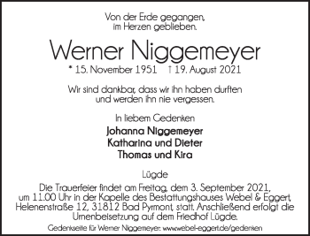 Traueranzeige von Werner Niggemeyer von Deister- und Weserzeitung