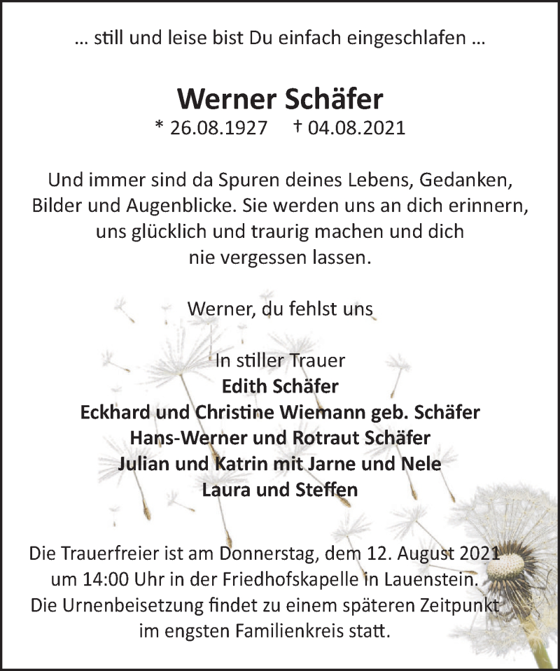  Traueranzeige für Werner Schäfer vom 07.08.2021 aus Deister- und Weserzeitung