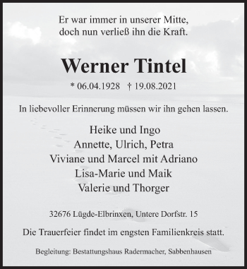 Traueranzeige von Werner Tintel von Deister- und Weserzeitung