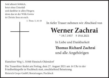 Traueranzeige von Werner Zachrai von Deister- und Weserzeitung