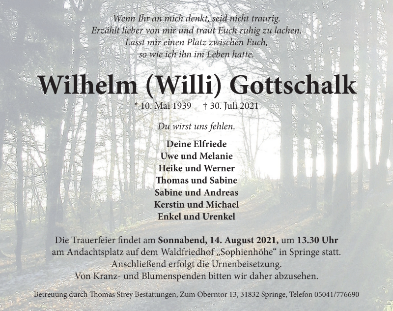  Traueranzeige für Wilhelm Gottschalk vom 07.08.2021 aus Neue Deister-Zeitung