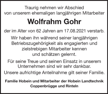 Traueranzeige von Wolfrahm Gohr von Deister- und Weserzeitung