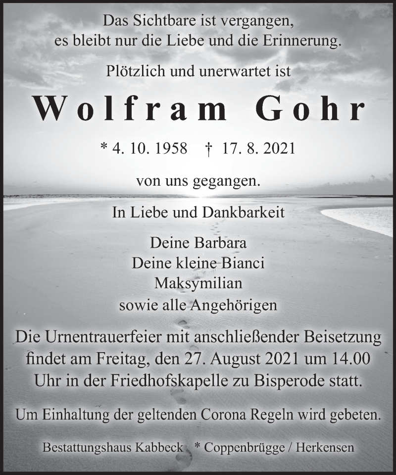  Traueranzeige für Wolfram Gohr vom 21.08.2021 aus Deister- und Weserzeitung