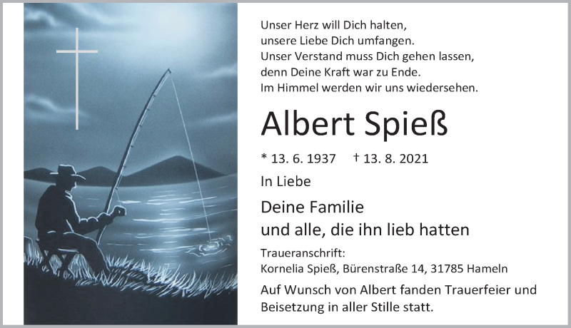  Traueranzeige für Albert Spieß vom 04.09.2021 aus Deister- und Weserzeitung