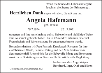 Traueranzeige von Angela Hafemann von Deister- und Weserzeitung