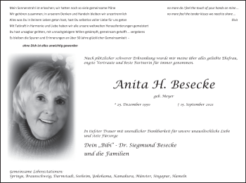 Traueranzeige von Anita Besecke von Deister- und Weserzeitung