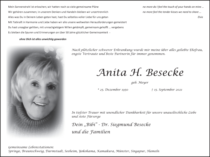  Traueranzeige für Anita Besecke vom 25.09.2021 aus Deister- und Weserzeitung