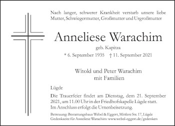 Traueranzeige von Anneliese Warachim von Deister- und Weserzeitung