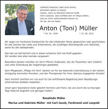Traueranzeige von Anton Müller von Deister- und Weserzeitung