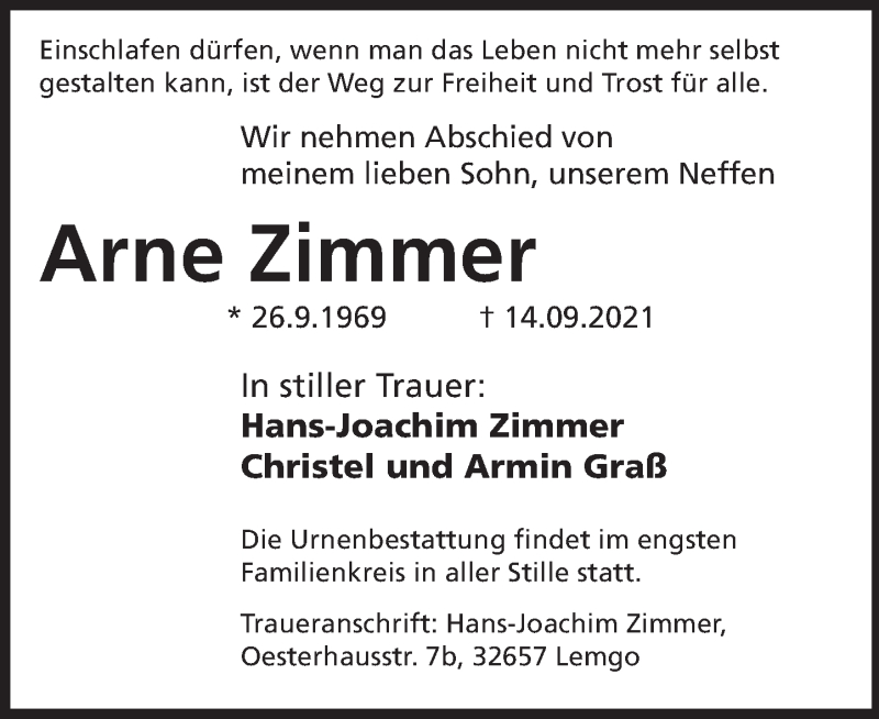  Traueranzeige für Arne Zimmer vom 25.09.2021 aus Deister- und Weserzeitung