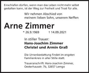 Traueranzeige von Arne Zimmer von Deister- und Weserzeitung
