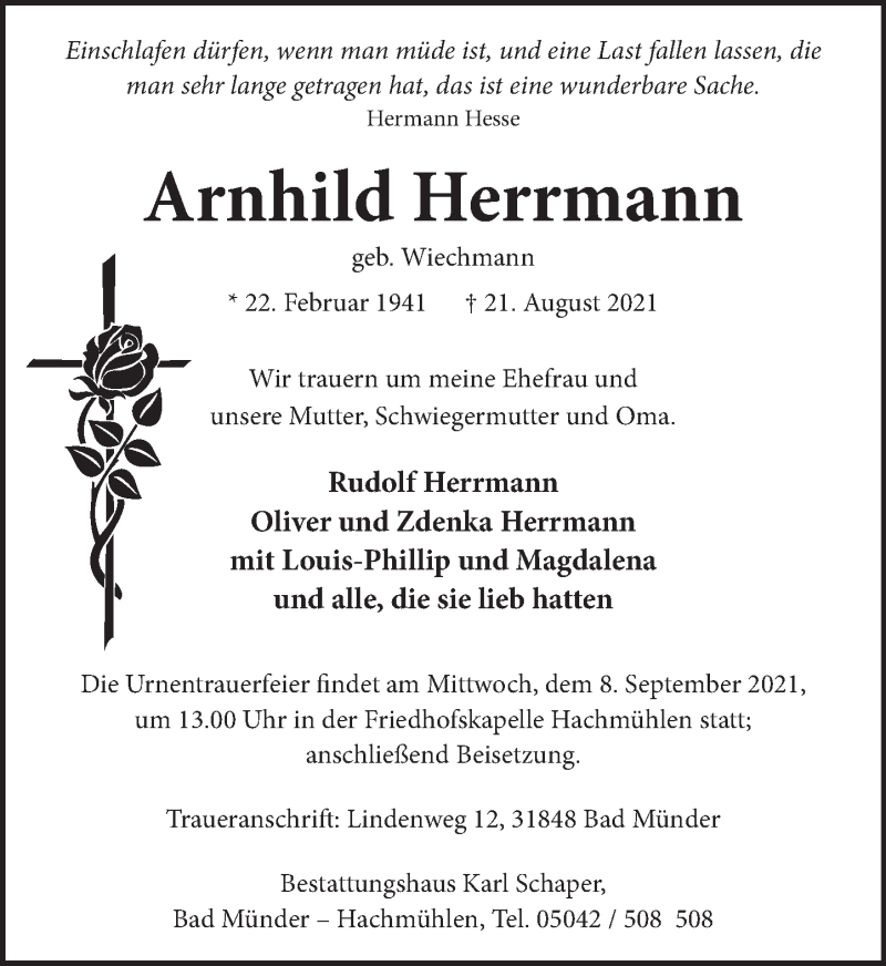  Traueranzeige für Arnhild Herrmann vom 04.09.2021 aus Neue Deister-Zeitung