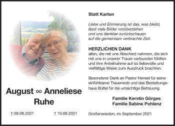 Traueranzeige von August Ruhe von Deister- und Weserzeitung