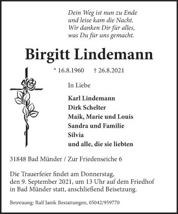 Traueranzeige von Birgitt Lindemann von Neue Deister-Zeitung