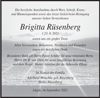 Traueranzeige von Brigitta Rüsenberg von Deister- und Weserzeitung