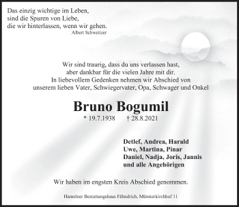 Traueranzeige von Bruno Bogumil von Deister- und Weserzeitung