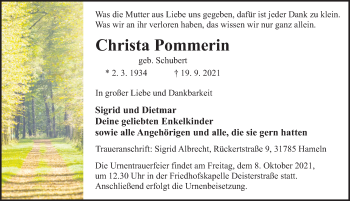 Traueranzeige von Christa Pommerin von Deister- und Weserzeitung