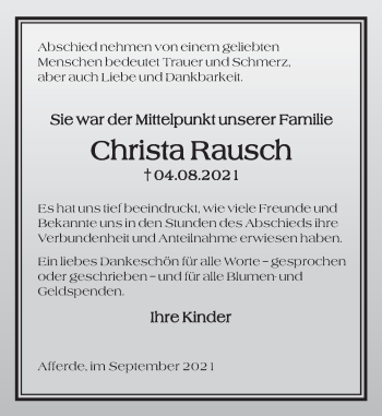 Traueranzeige von Christa Rausch von Deister- und Weserzeitung