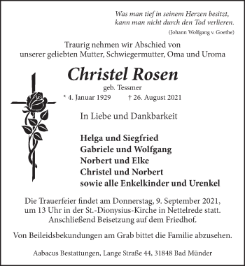 Traueranzeige von Christel Rosen von Neue Deister-Zeitung