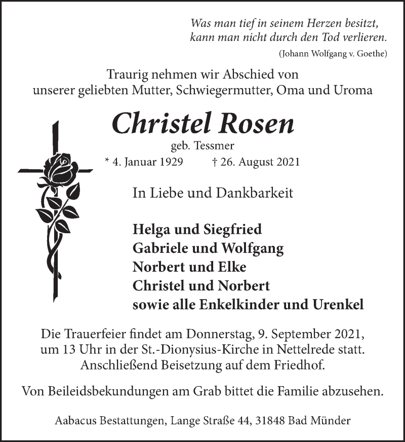  Traueranzeige für Christel Rosen vom 03.09.2021 aus Neue Deister-Zeitung