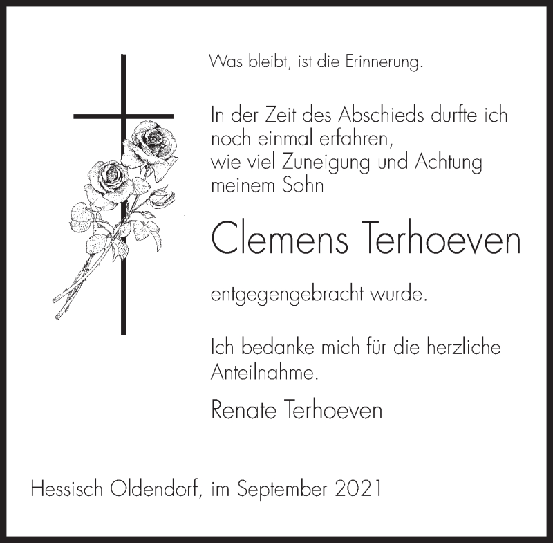  Traueranzeige für Clemens Terhoeven vom 18.09.2021 aus Deister- und Weserzeitung