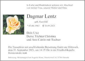 Traueranzeige von Dagmar Lentz von Deister- und Weserzeitung