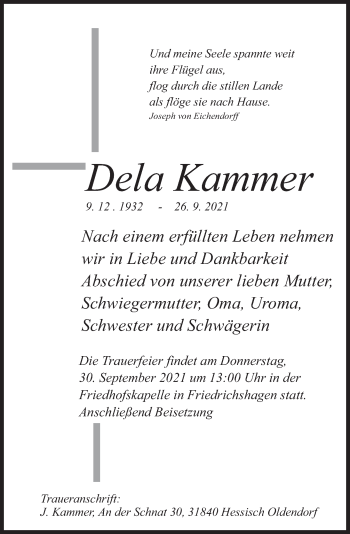Traueranzeige von Dela Kammer von Deister- und Weserzeitung