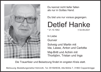 Traueranzeige von Detlef Hanke von Deister- und Weserzeitung
