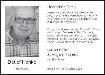 Traueranzeige von Detlef Hanke von Deister- und Weserzeitung