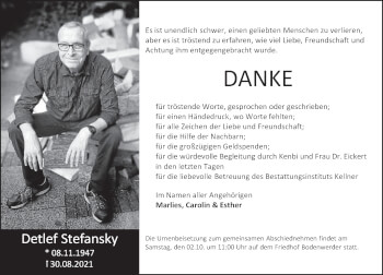 Traueranzeige von Detlef Stefansky von Deister- und Weserzeitung