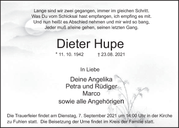 Traueranzeige von Dieter Hupe von Deister- und Weserzeitung