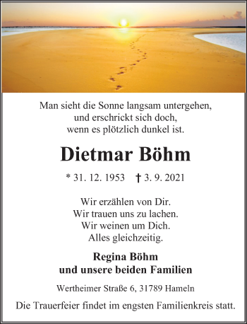 Traueranzeige von Dietmar Böhm von Deister- und Weserzeitung