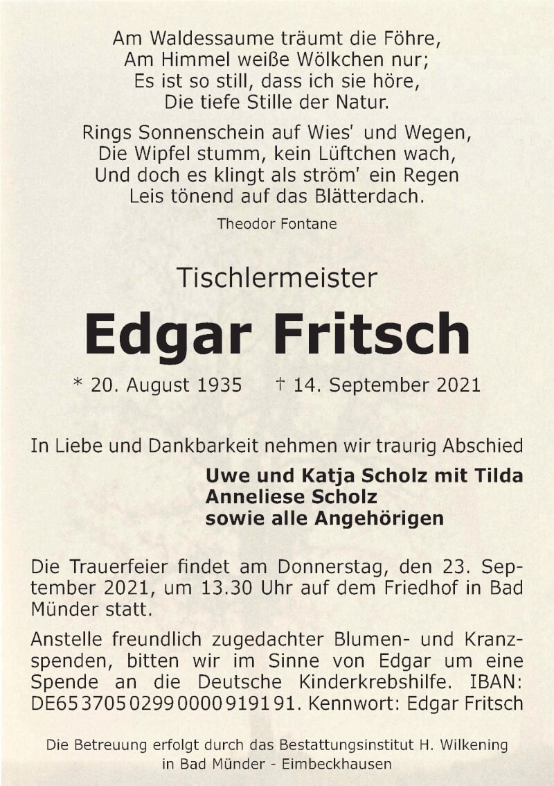  Traueranzeige für Edgar Fritsch vom 18.09.2021 aus Neue Deister-Zeitung