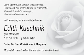 Traueranzeige von Edith Kuschnik von Neue Deister-Zeitung